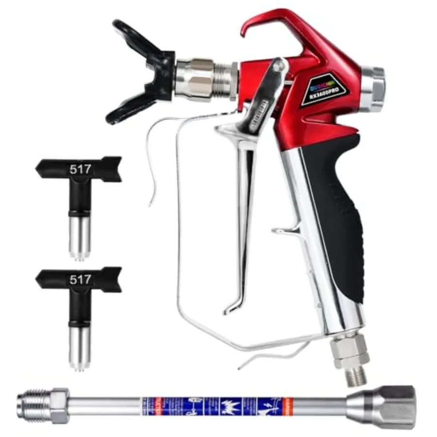 

Airless Paint Primer Spray Gun High Pressure 3600 PSI Reversible 517 Nozzle Tip Guard Swivel Joint with 10 inches Extension Pol