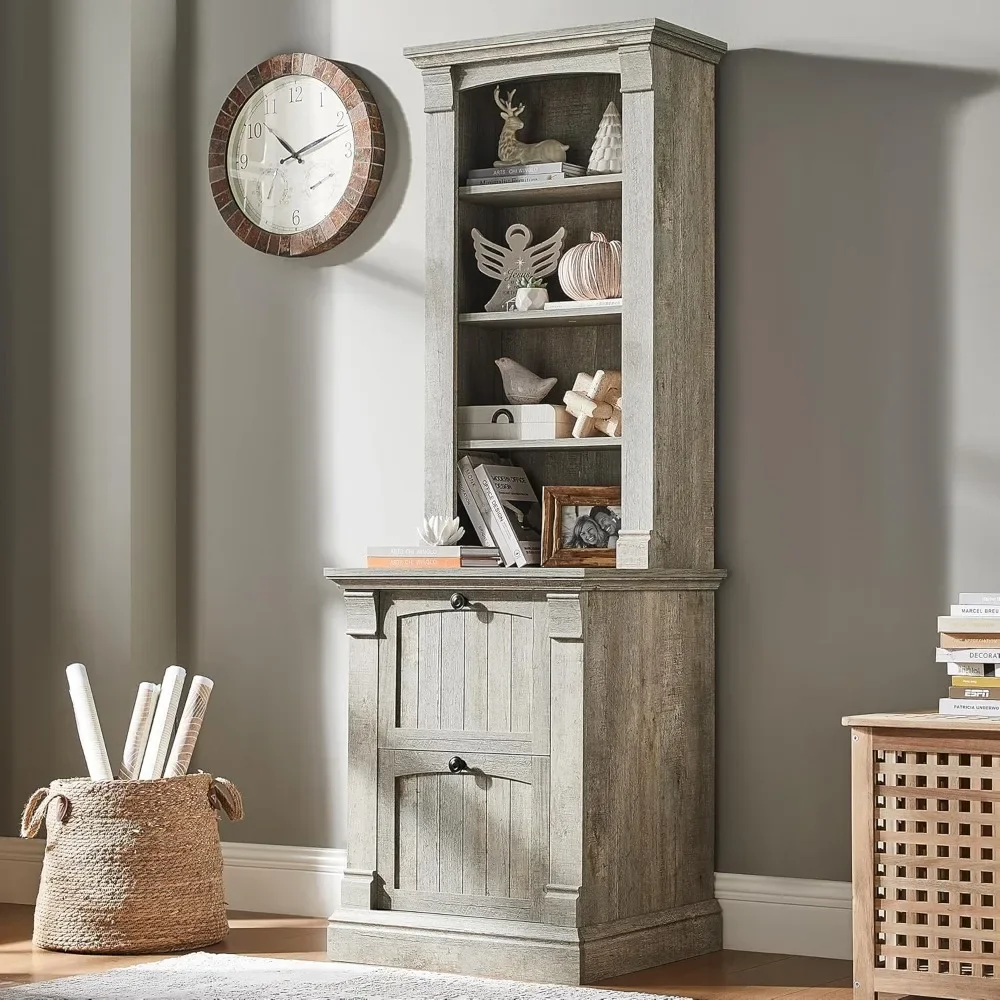 

Farmhouse Bookcase with 2 File Drawers, 72" Tall Bookcase with 4-Tier Open Adjustable Shelves, Wooden Freestanding Bookshelf