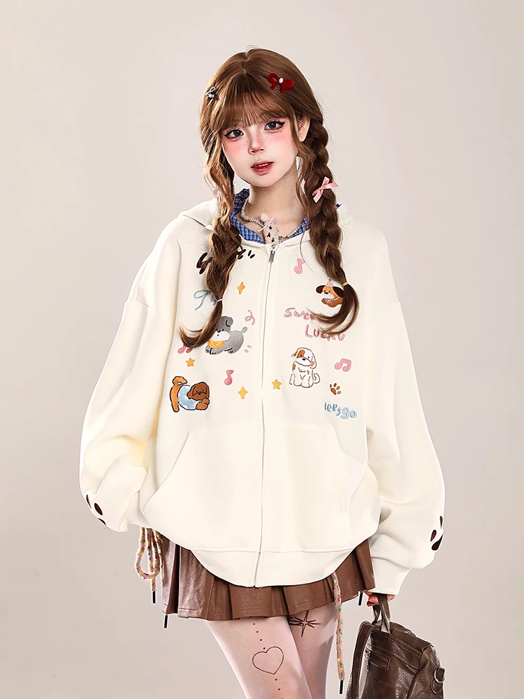 

Korean Sle Cute Cartoon Embroidery Hoodie Girls Loose Lazy Plaid Patchwork Open Cardigan Outerwear Top Long Sve Zipper