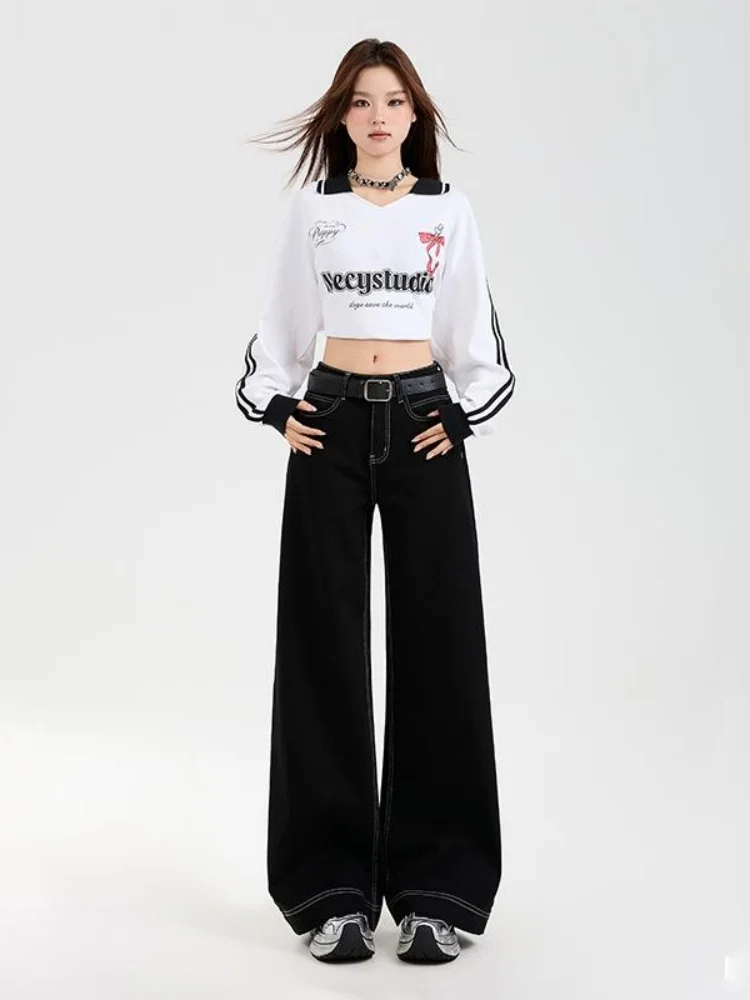 plus Size Women's Black Wide Leg Jeans High Waist Loose Fitting Slimming Lazy Straight Cut Fleece Lined Floor Length Trousers