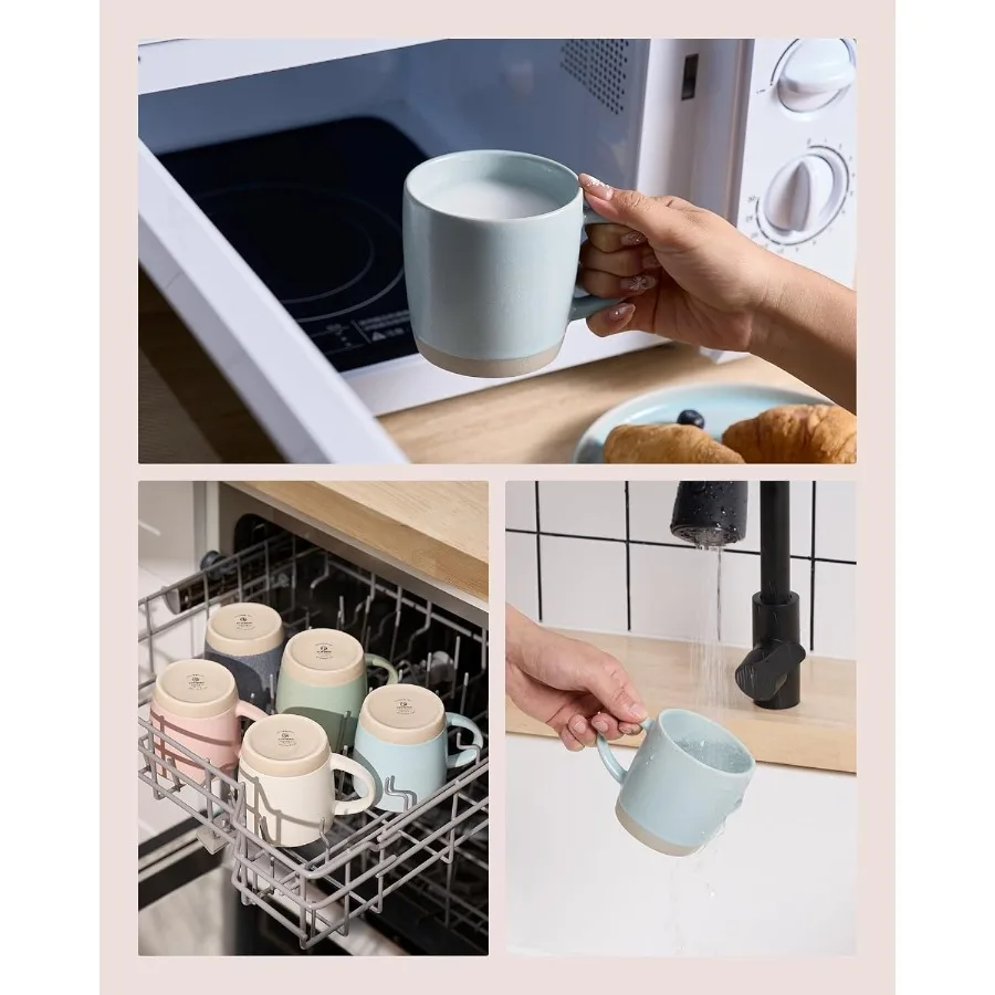 مجموعة من 6 أكواب قهوة من السيراميك باللون الأزرق الفاتح سعة 13 أونصة مع مقبض لشاي القهوة وحليب الكاكاو وتصميم درب التبانة مثالي للمشروبات الصباحية