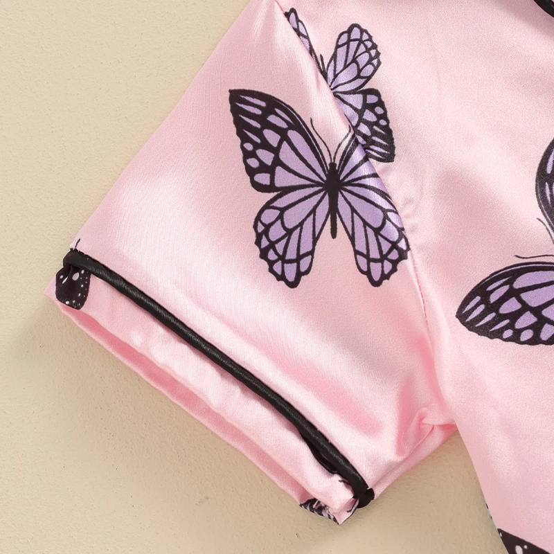 Conjunto de pijama de 2 piezas de verano para mujer con camisa de solapa de manga corta y pantalones con estampado de mariposas para una ropa de dormir cómoda