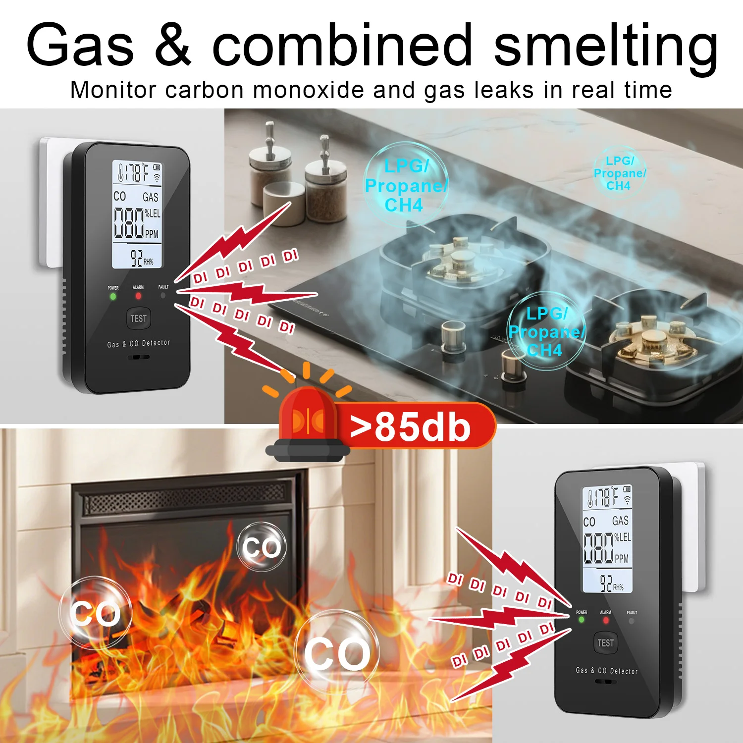 Combination Natural Gas Detector & Carbon Monoxide Detector, 4-in-1 Carbon Monoxide Alarm,Propane,Methane for Home,RV,Apartment