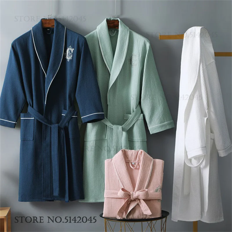 

Waffle 100% Cotton Sleepwear Couple Robe Homewear Hotel Embroidery Kimono Bathrobe Gown Loose Casual Loungewear Nightdress