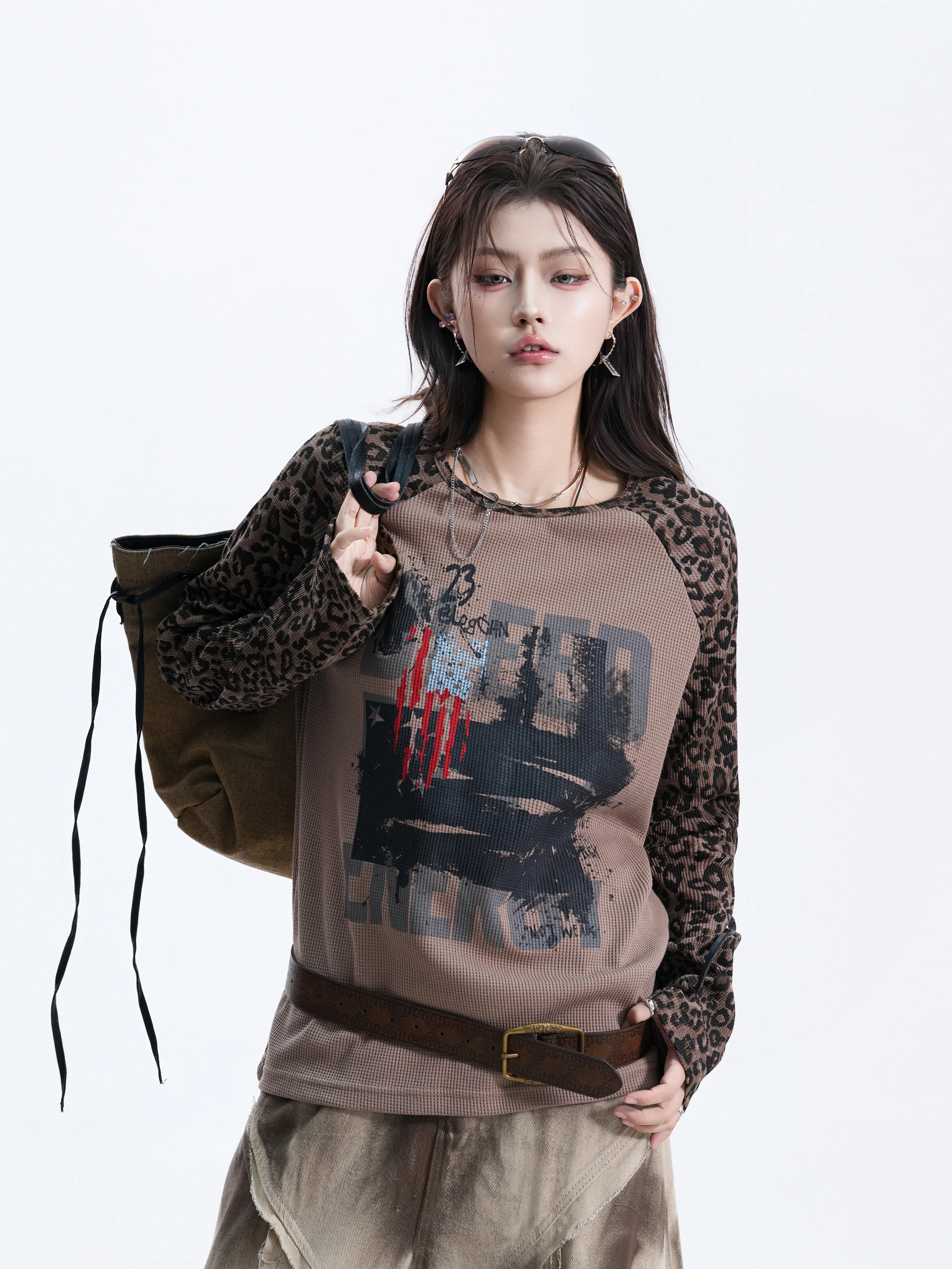 Early Autumn American Leopard Print Shoulder Insert Long Sleeve Women's T-shirt Neutral Style Casual Loose Fit Cotton Flag Print