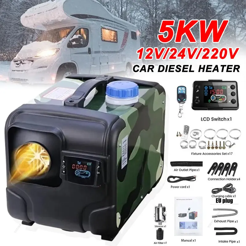 5KW Dry Low Noise Car Diesel Heater 12V/24V/220V Remote Control Car Heater Air Diesel Parking Heater for Car Truck Boat RV