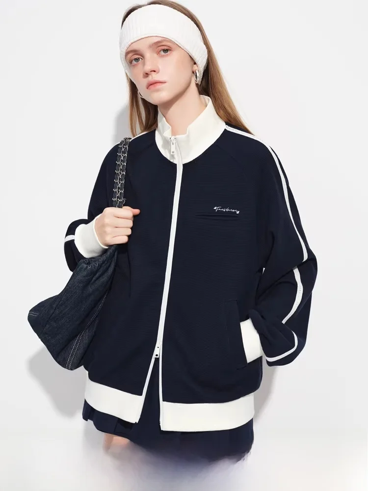 

land Spring New Sle Color Blo Zipper Hoodie Girl's Stand Collar Jaet Straight Tube Long Sve Polyester Spandex Blend