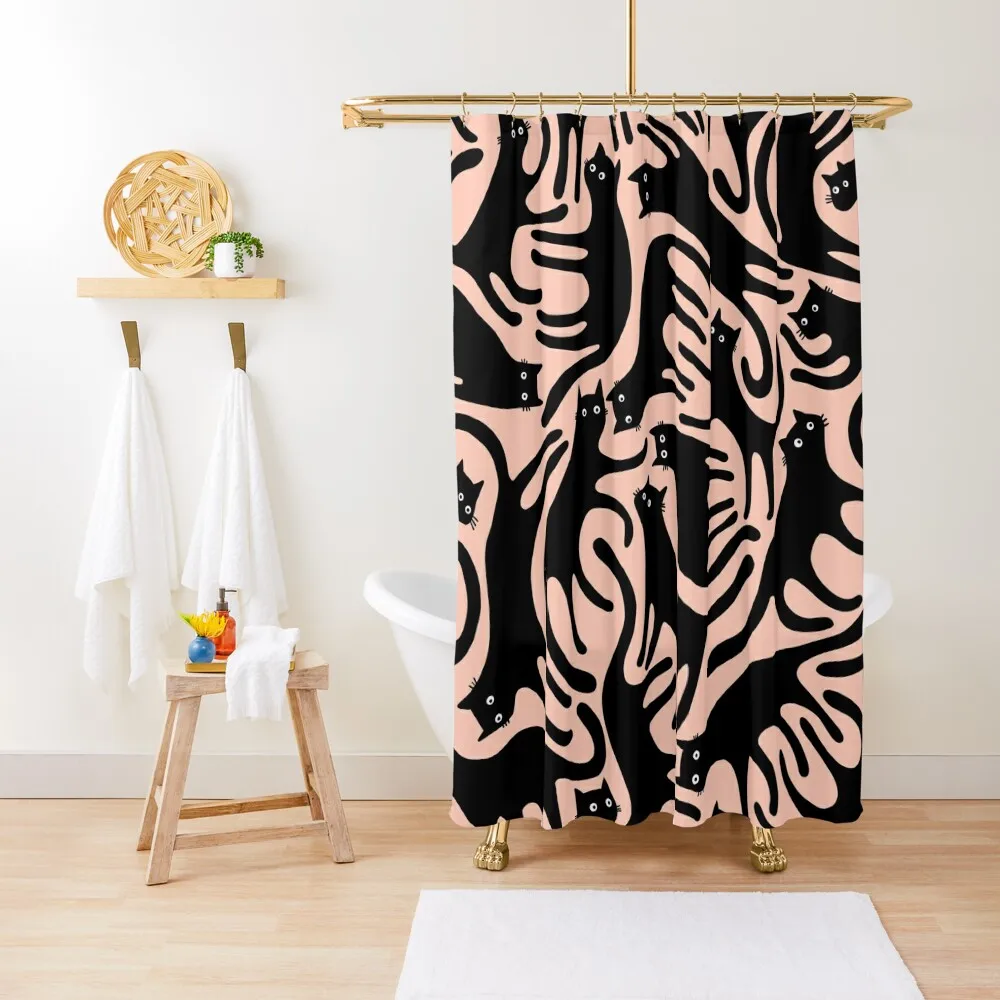 Curious Black Cats on Peachy Pink Shower Curtain Bathroom Box Waterproof Shower Bathroom Decor Curtain