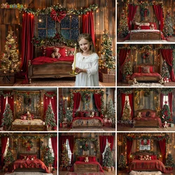 Rustic Headboard Background for Christmas Studio Photography Window Red Curtains Shiny Xmas Tree Backdrop Kids Room Winter Photo