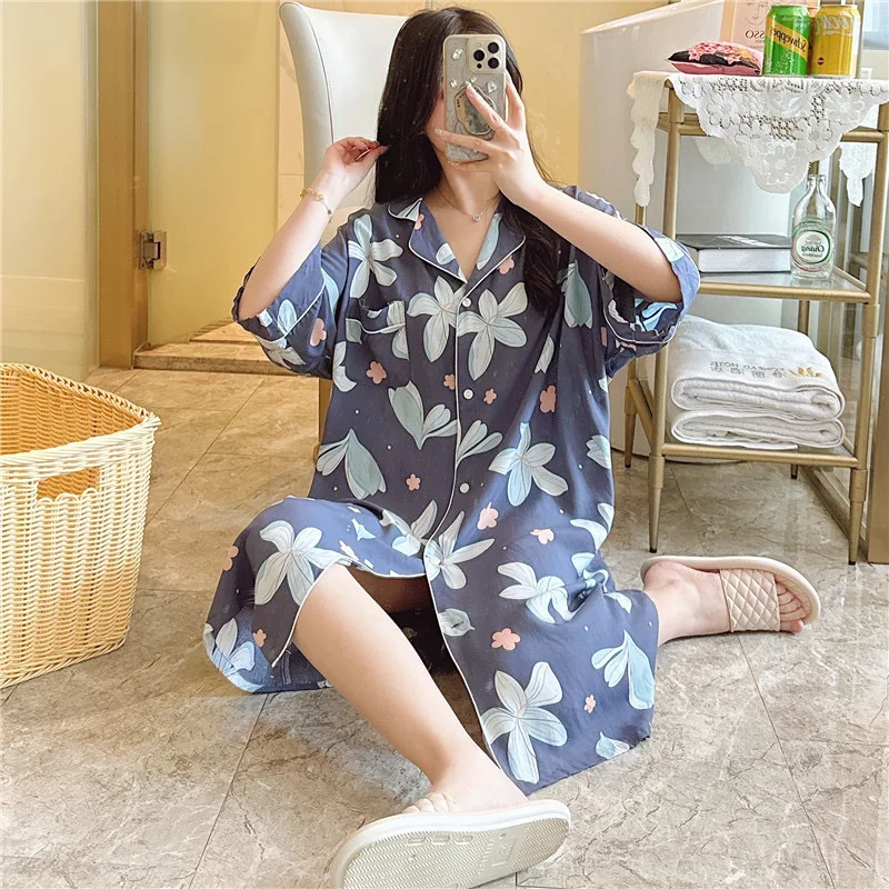 Lapel Sleep Shirt Women Kimono Dressing Down With Buttons Viscose Summer Nightshirt Printed Flower Nightgown Casual Lingerie