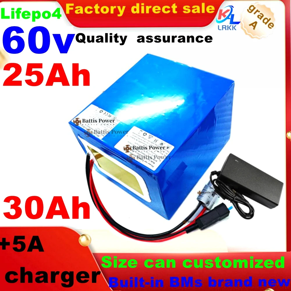 LRKK lithium 60v 30ah 25Ah lifepo4 battery with BMS Deep cycle for 2500w 1500w bike scooter Tricycle Go Cart vehicle +5A charger