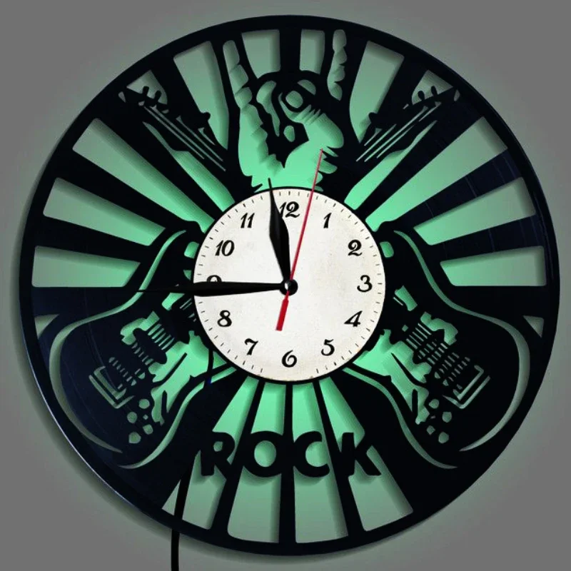 Music Theme Guitar Clock Vinyl Record LED Wall Clock Modern Design Wall Clock Home Decoration Musical Instrument Gift