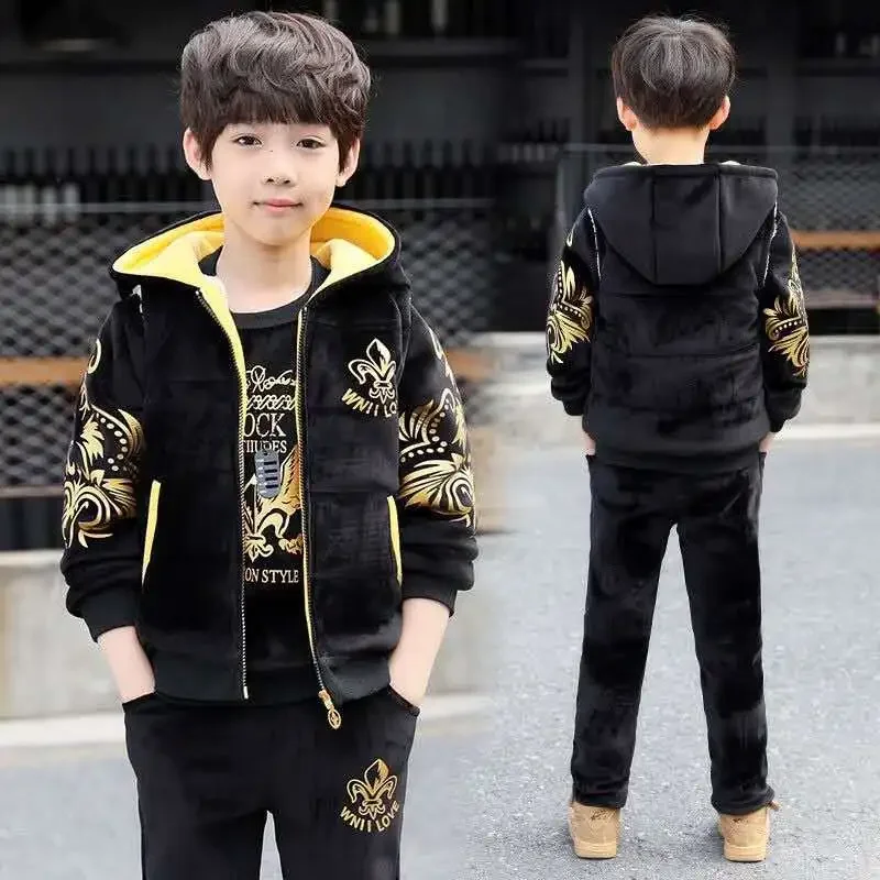 3-12Y 3Pcs Suits Winter Keep Warm Boys Clothing Set Cartoon Tiger Pattern Lining Plush Heavy Shirt+Vest+Pants Child Outfit