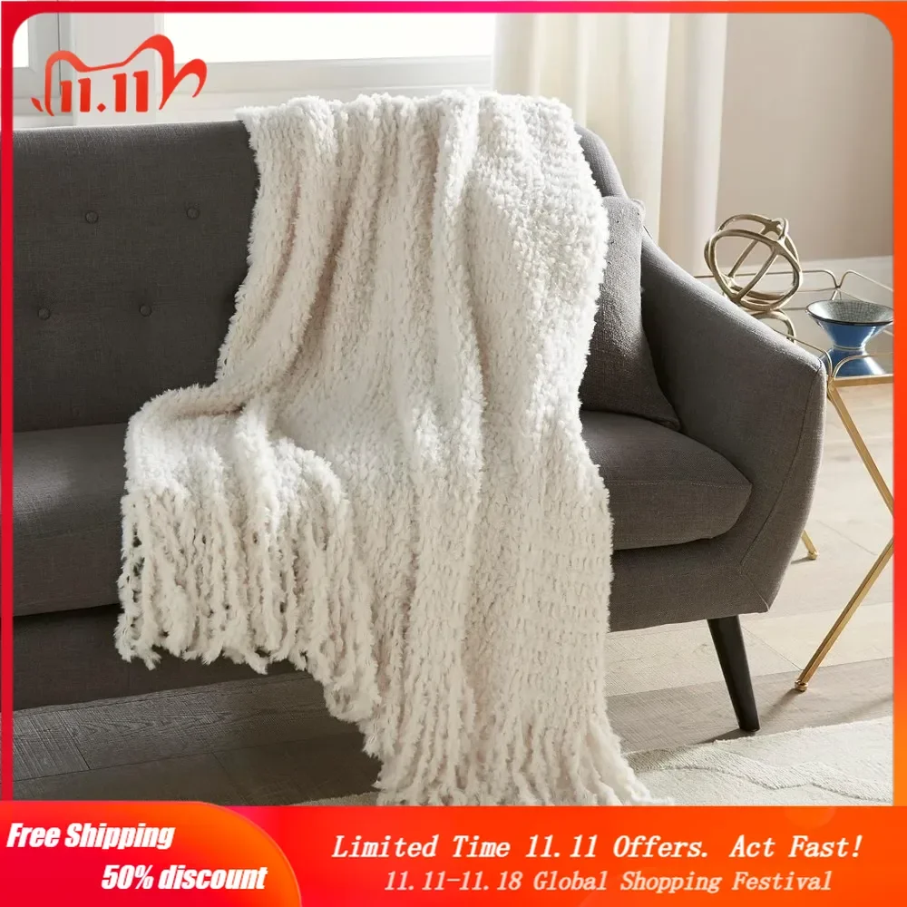 Ivory Fringe Trim Knit Faux Rabbit Fur Throw 50