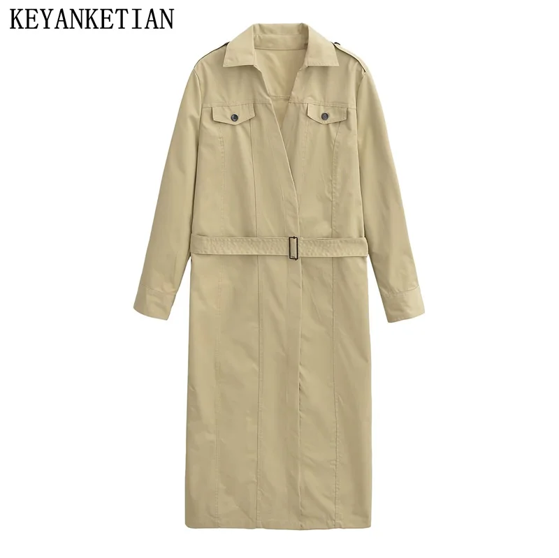 

Новинка 2024, женское платье-рубашка цвета хаки KEYANKETIAN, платье-миди в стиле сафари на осень/зиму с декоративными карманами и закрытыми пуговицами