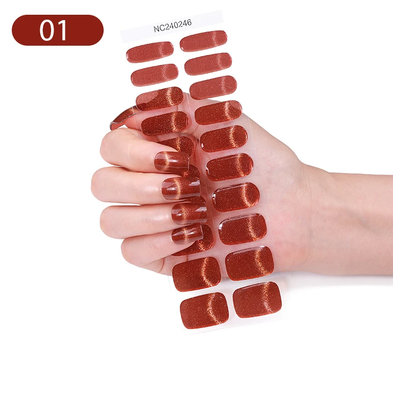 20Tips Semi-cured Red Cat Magnetic Gel Nail Strips UV Lamp Cured Long Lasting Full Cover Nail Gel Sticker Wraps Press onManicure