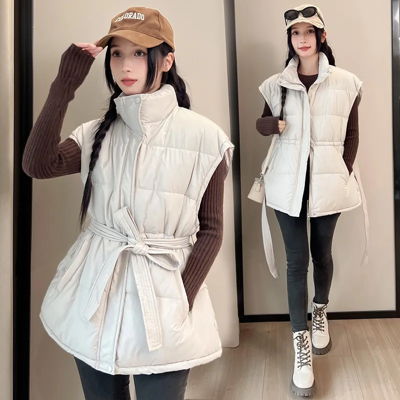 

High-End Stand Collar Sleeveless Parkas Coat Women Korean Lace-Up Waist Cinched Cotton-Padded Vest Solid Casual Zip Up Waistcoat