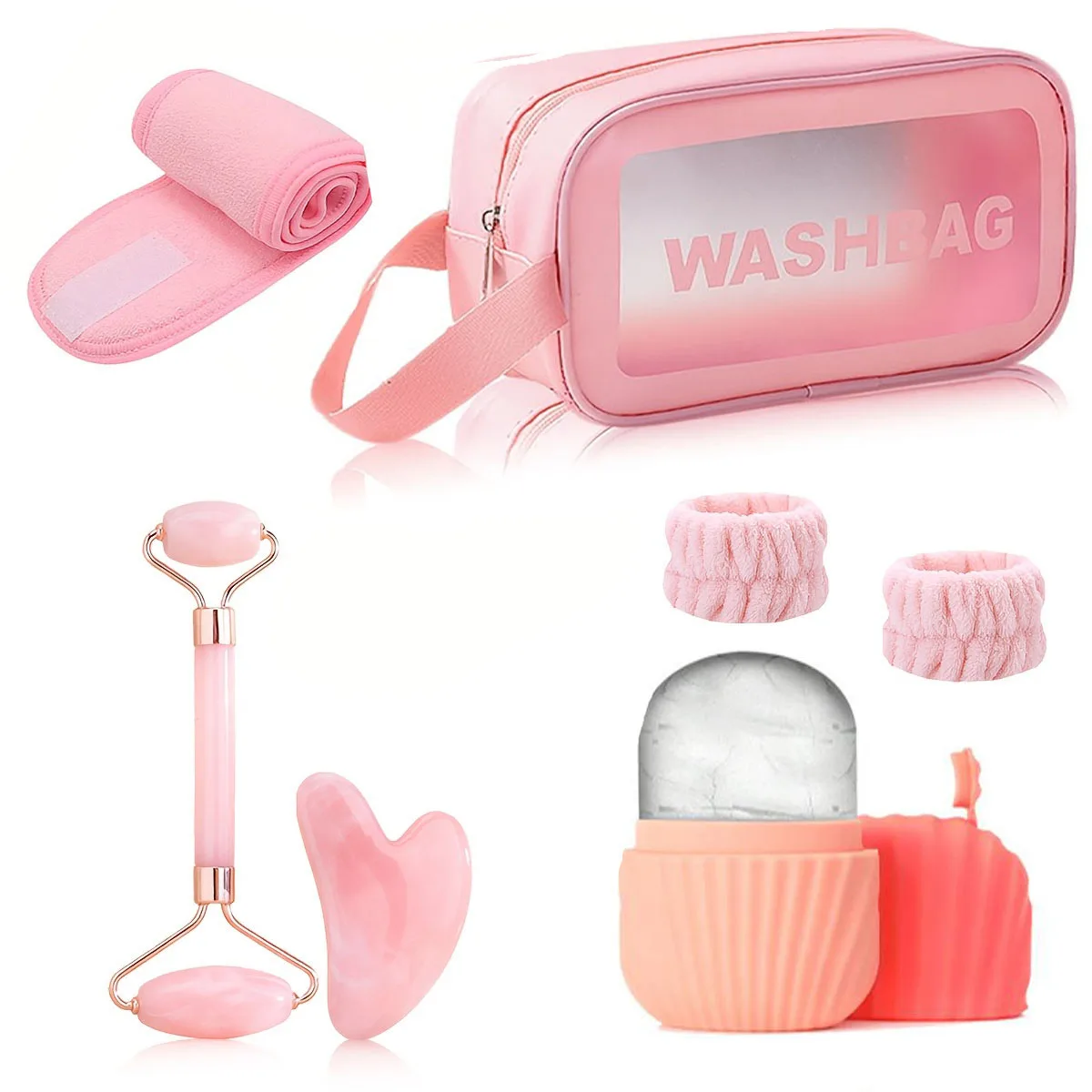 7-piece facial massage tool set, includes ice tray, gua sha board and roller set, headband, wrist strap, and makeup bag