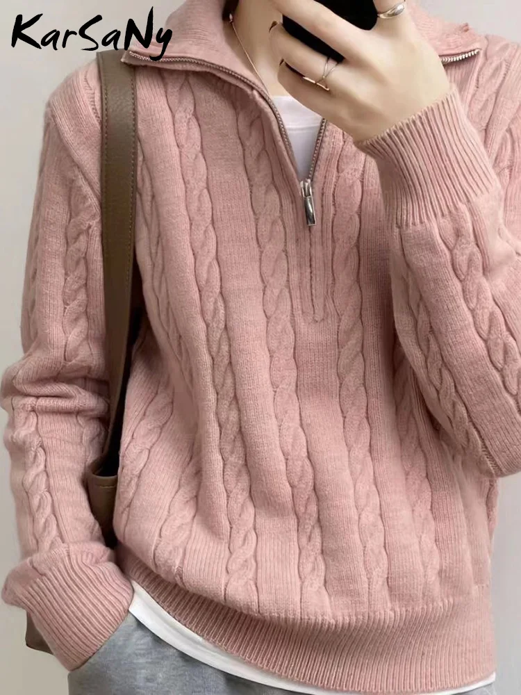 KarSaNy Half Zipper Knitted Pullovers Women Vintage Sweaters Casual Tops Ladies Spring Fried Dough Twists Sweaters For Women