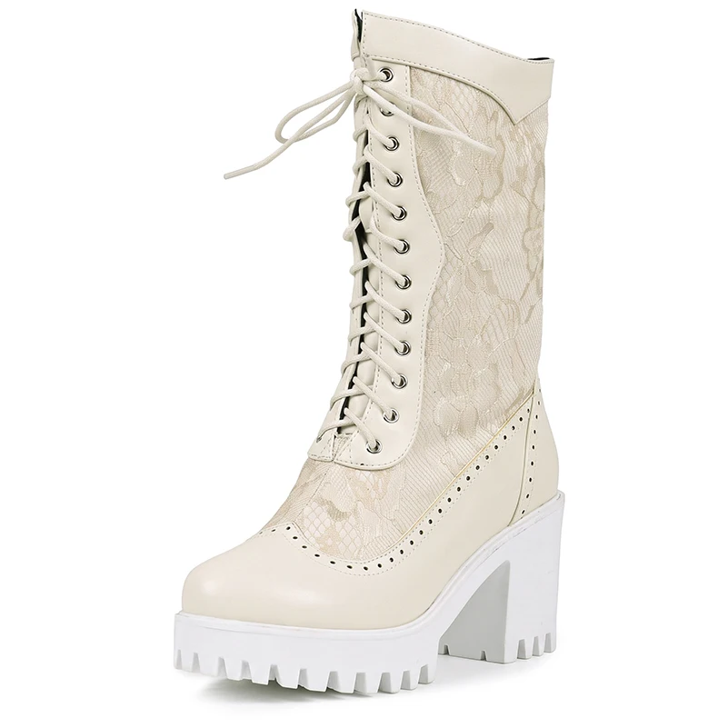 Mid-Calf Women's Boots Hollow Lace Mesh Spliced PU Lace-Up Side Zippers Block Heels; Platform Breathable Calf Shoes