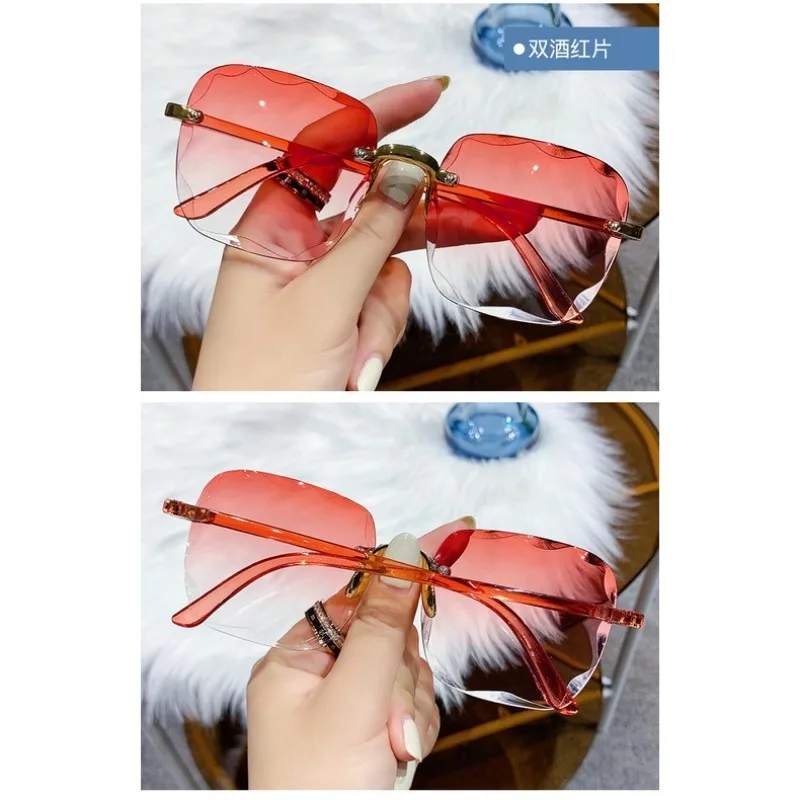 แว่นกันแดดทรงสี่เหลี่ยมไร้กรอบสไตล์วินเทจสำหรับผู้หญิง แฟชั่นหรูหรา ขนาดใหญ่ แว่นกันแดดผู้หญิงสไตล์เรโทร สีชมพู ดำ ไล่เฉดสีแบบกระจก