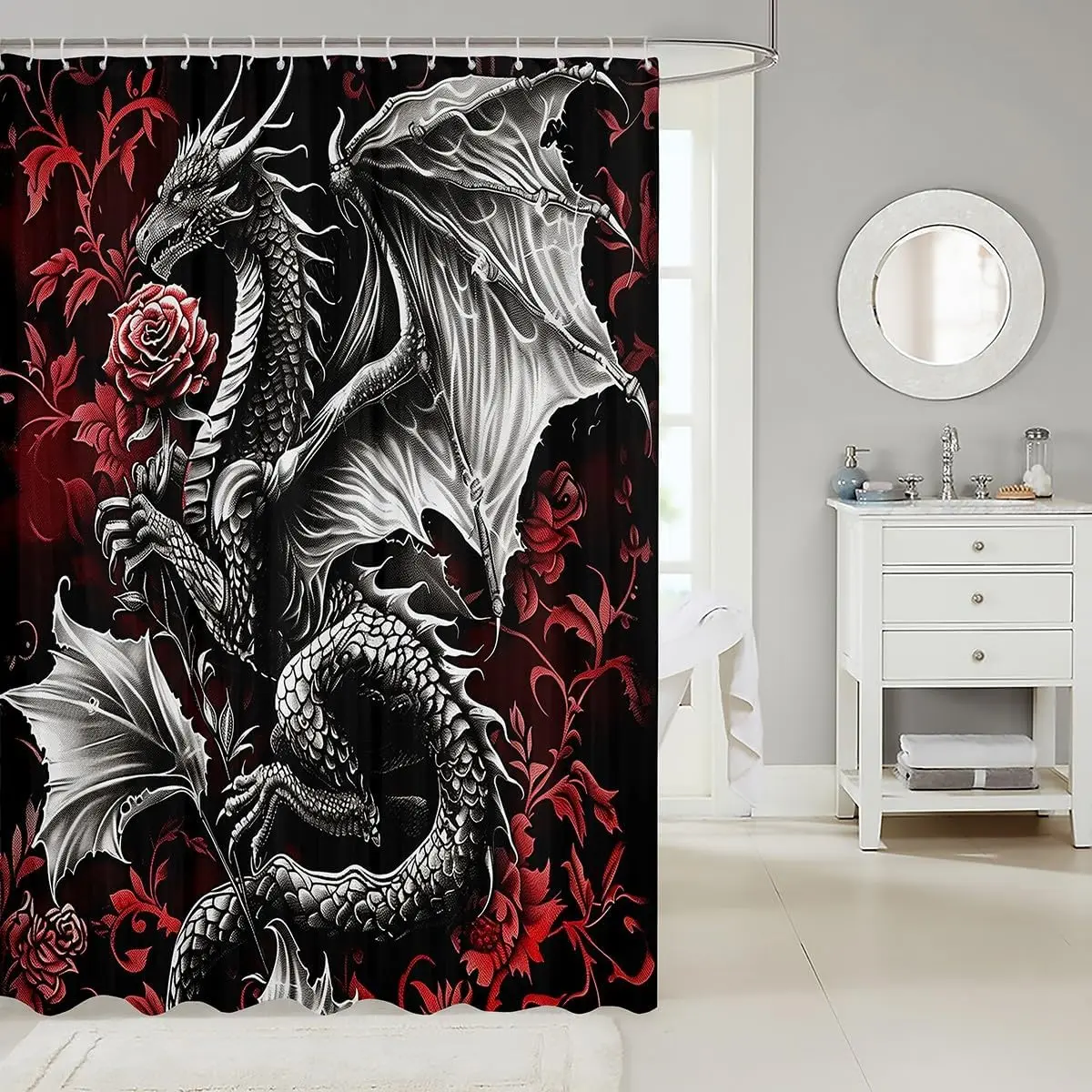 Dramatic Dragon and Roses Gothic Shower Curtain Red Black Waterproof Bathroom Wall Decor Art Print 72x72 Inches