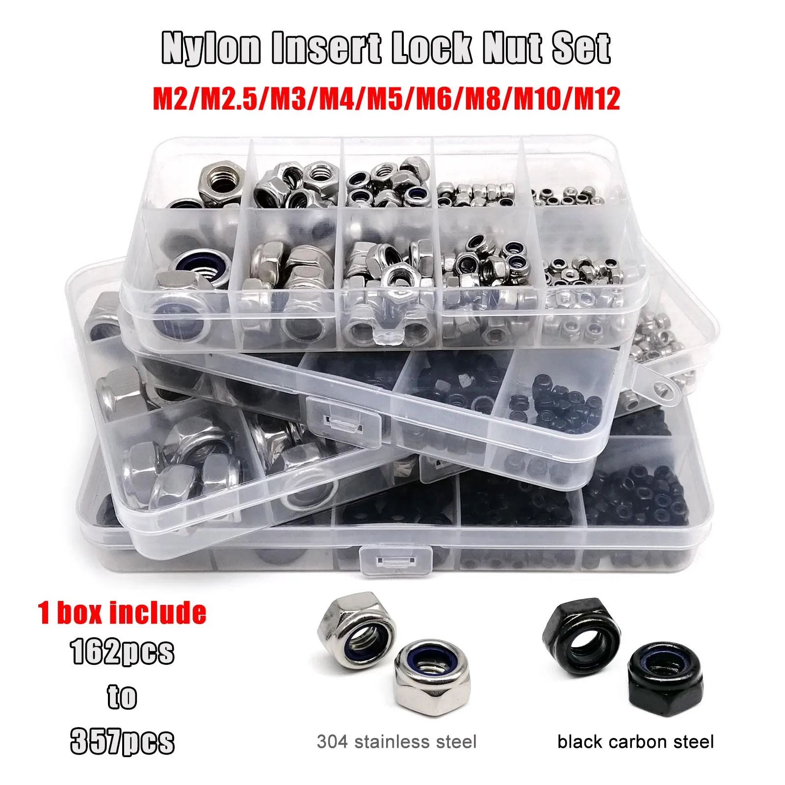 Mix M2 to M12 Set Kit Box DIN985 Hexagon Nylon Insert Lock Nut Hex Self Locking Nylock Locknut 304 Stainless Steel Black Steel