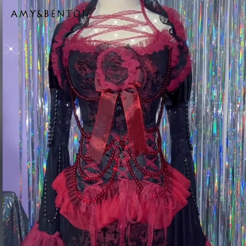 Punk Gothic Sexy Black Red Classical Court Women's Sling Dress New Lace Hollow Out Splicing Beaded Chain Long Dresses Ladies