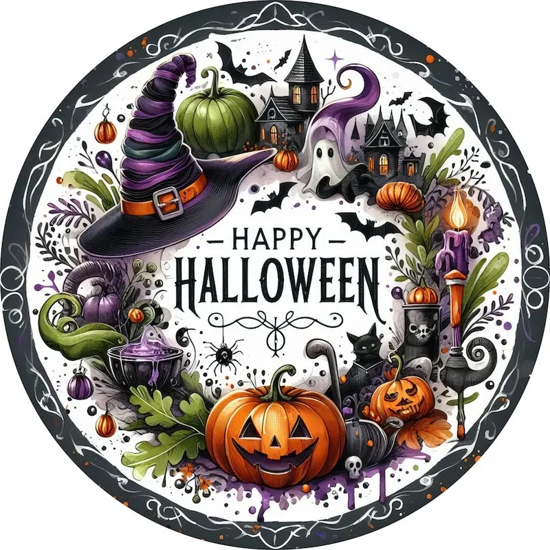 2D Flat, Decorative Wooden Sign (Product Size: 7.09In X 7.09In), Halloween Wreath Sign, Wreath Accessory, Happy Halloween Sign,