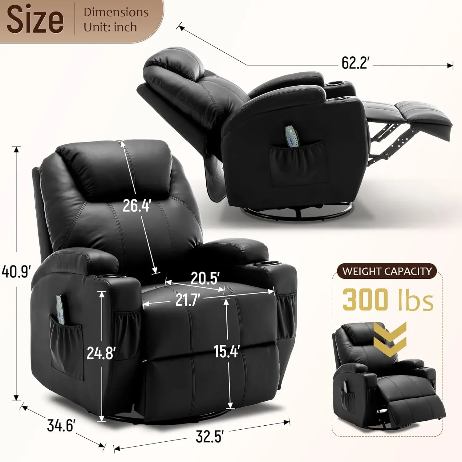 Chair, Rocking Chair with Massage and Heat, 360° Swivel Recliner Chairs for Adults, Rocker Manual Recliner with Remote Control