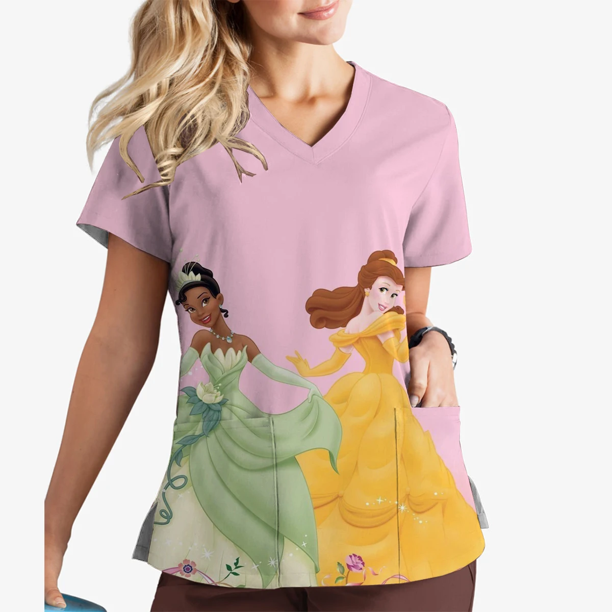 Fashion Summer Disney Princess Tiana Print V-Neck Print Scrub Top Pet Shop Veterinary Ophthalmology Women's Nursing Clothes