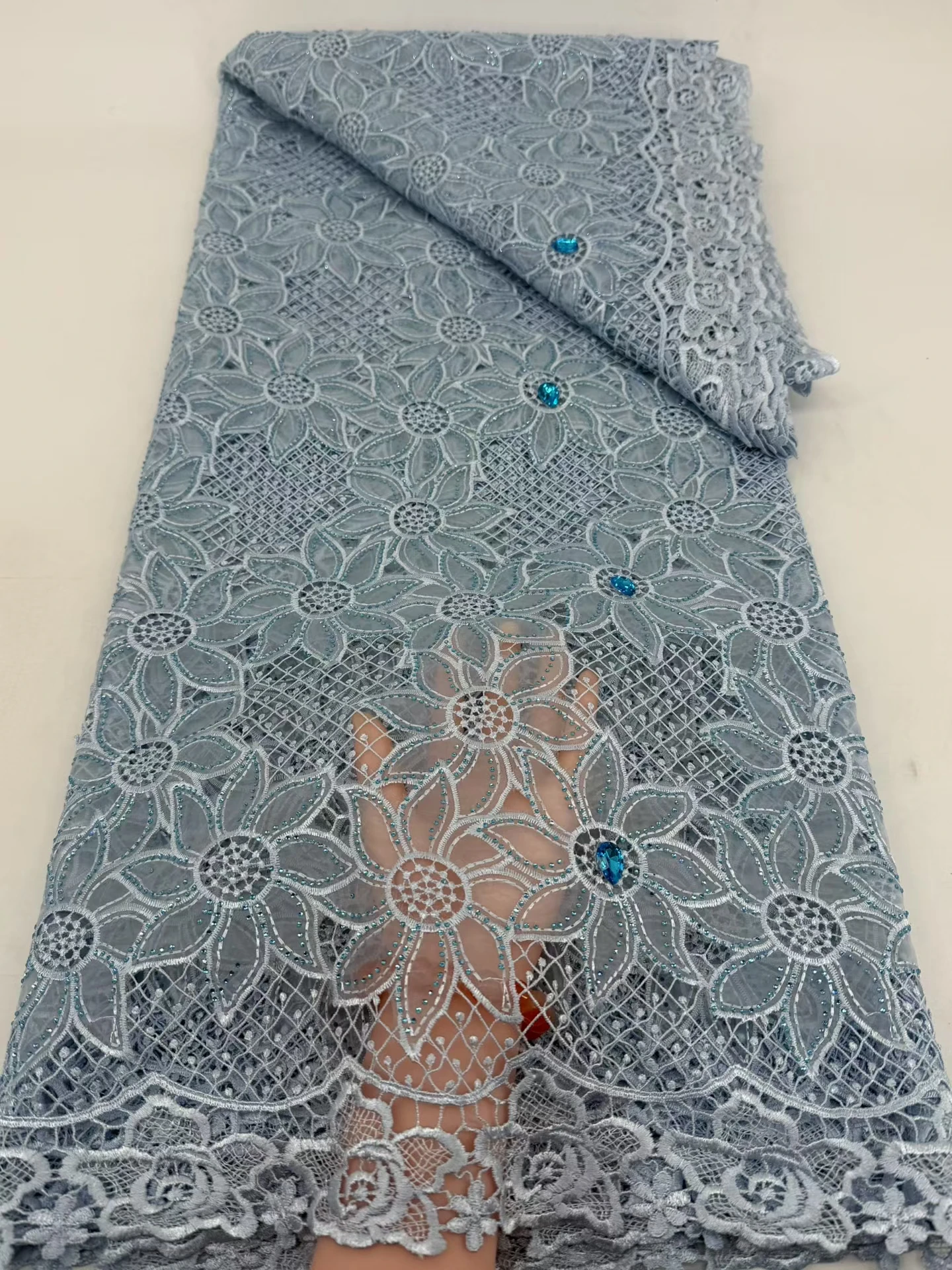 

African Chiffon Cord Lace Fabric With Rhinestone 2026 High Quality Water Soluble Lace Nigerian Party Dress Sewing 5Yards Hm272-1