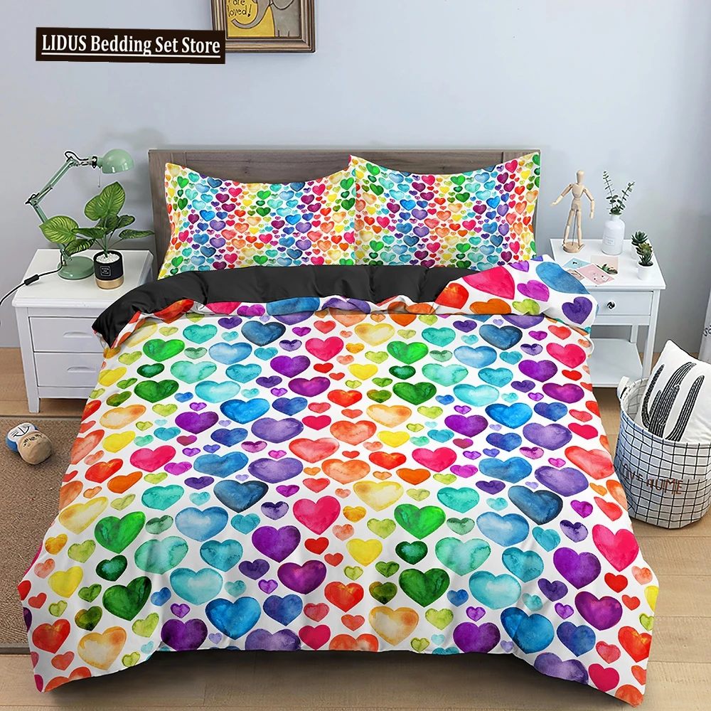 Geometric Printed Duvet Cover Set Colorful Stripe Heart Shaped Comforter Cover For Kid Children Polyester Quilt Cover King Queen