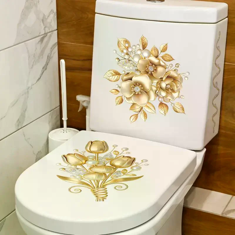 2 Sheets Bathroom Wall Background Decal Gold Flower Pearl Waterproof Toilt Sticker Home Decoration Self-adhesive Posters