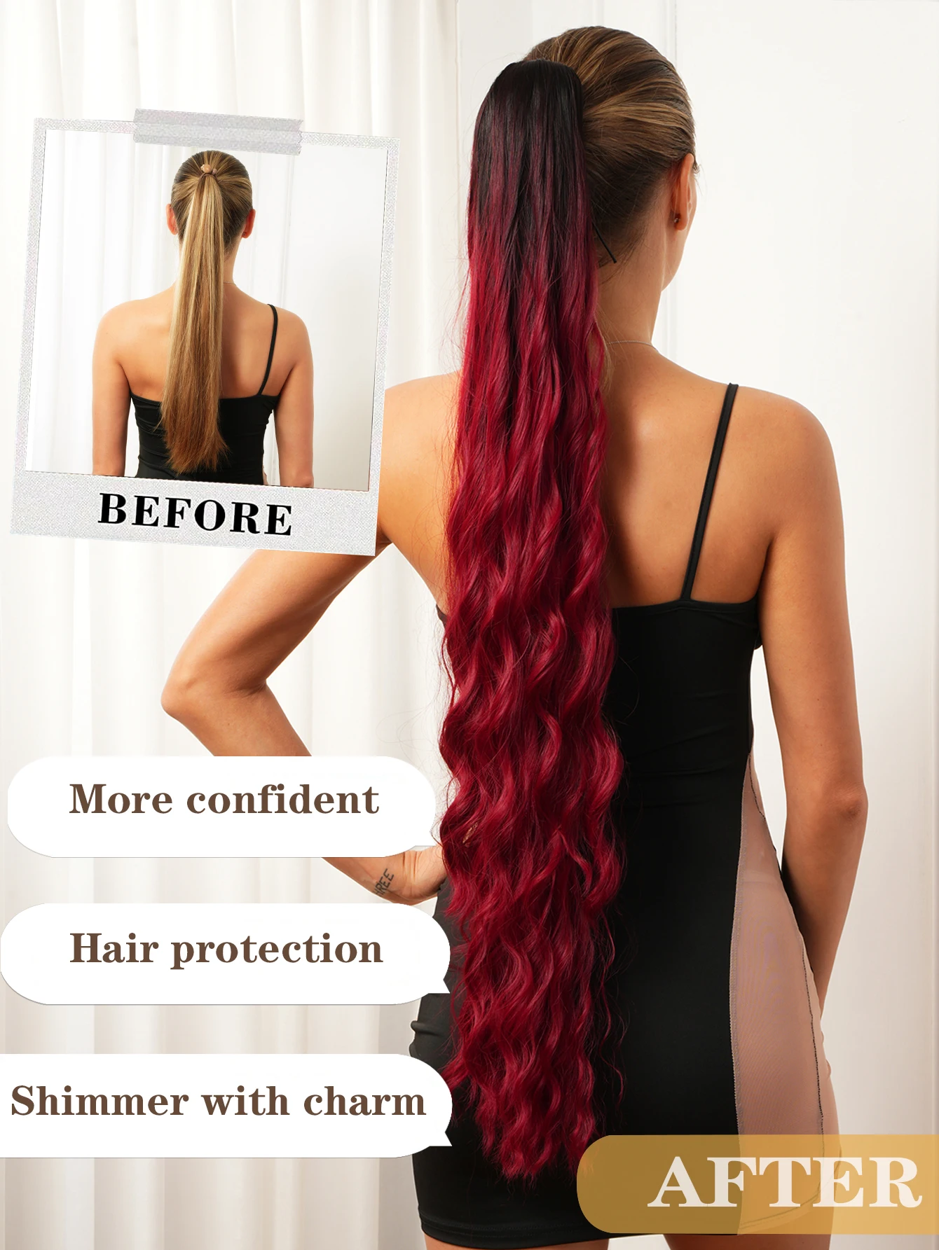 1 Pieces Synthetic Hairpieces Wrap Around Clip in  Ponytail Extension  Water Deep Wave ponytail wig Gradient red 34 Inch Top Qua