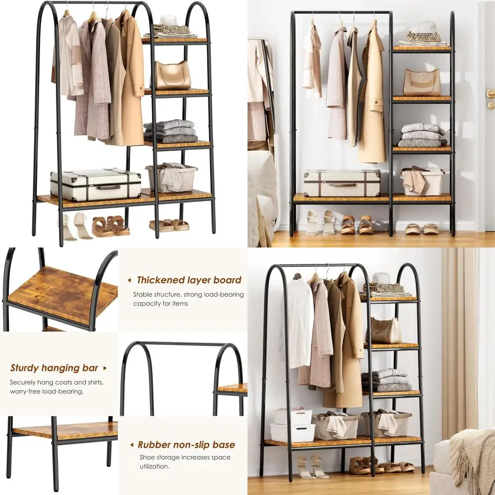 5-Shelf Freestanding Garment Rack with Hanging Bar for Clothes Storage and Display