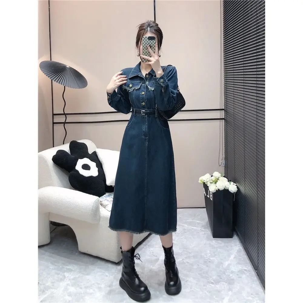 

Fashion Long Denim Dress Female 2024 Autumn Vintage Mid-sleeve Slim Elegant Dresses with Pockets Buttons Casual Clothing V372