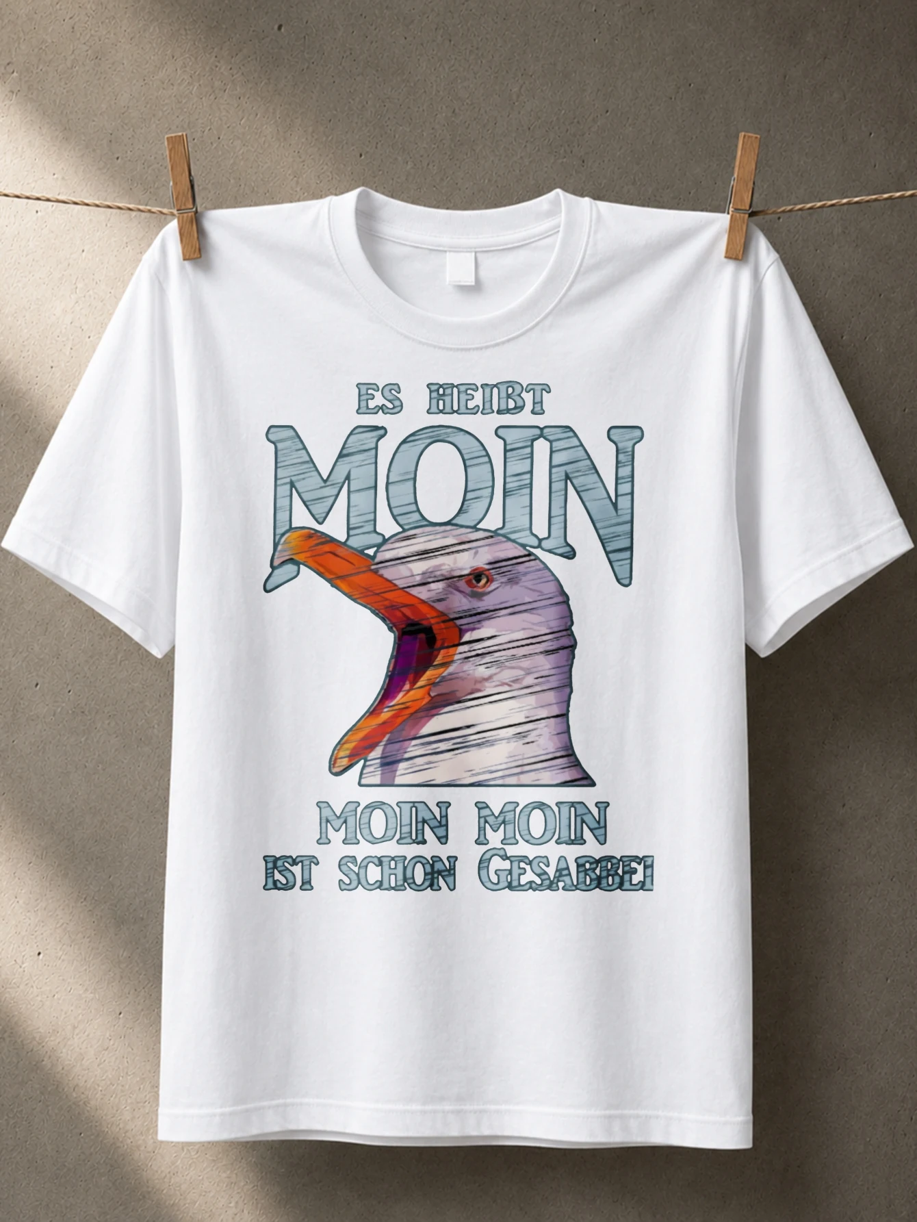 Es HeiBt Moin Moin Moin Ist Schon Gesabbel Seagull Head Open Beak Rustic Blue Grey Lettering Unisex  Unisex All T-Shirt