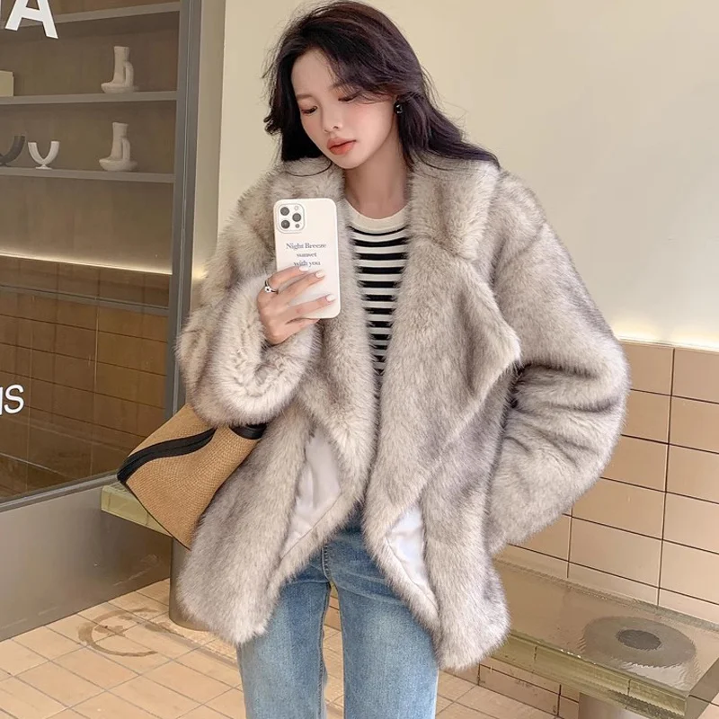 Luxury Brand Fashion Gradient Animal Color Faux Fur Coat Jacket Women 2023 Winter Loose Oversized Long Fluffy Overcoat Outerwear