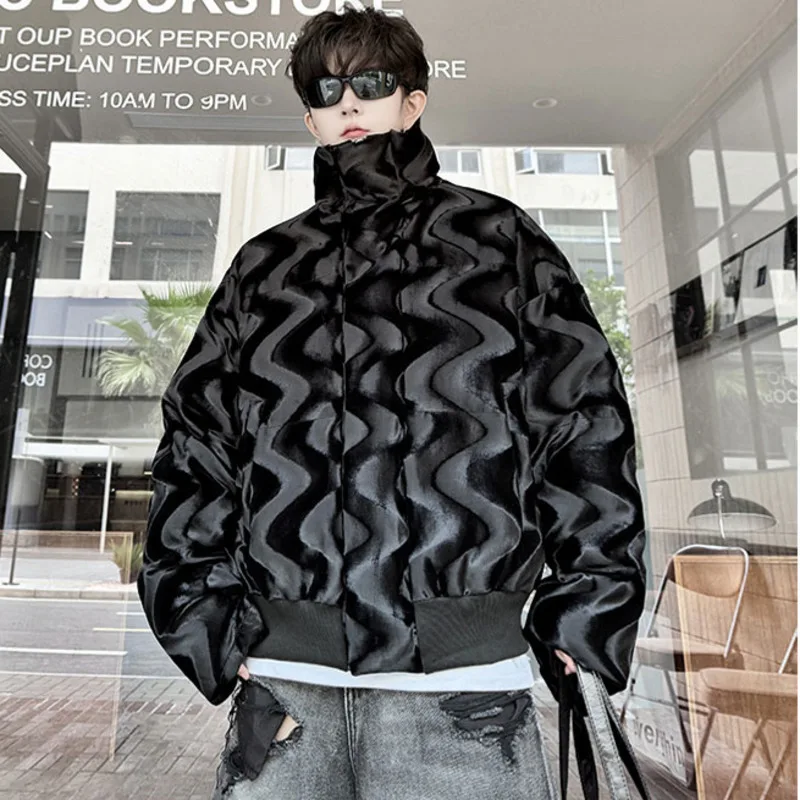 PFNW Niche Winter 2024 New Stand Collar Wave Pattern Men\'s Thick Cotton Coat Loose Causal Zipper Cotton-padded Jackets 28W5404