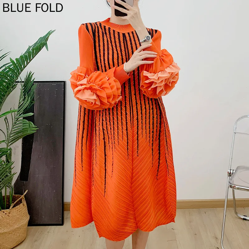 

MIYAKE Pleated Floral Dress Fashionable Temperament Half Turtleneck Loose Large Size Printed Oblique Pleated Bottoming Dress