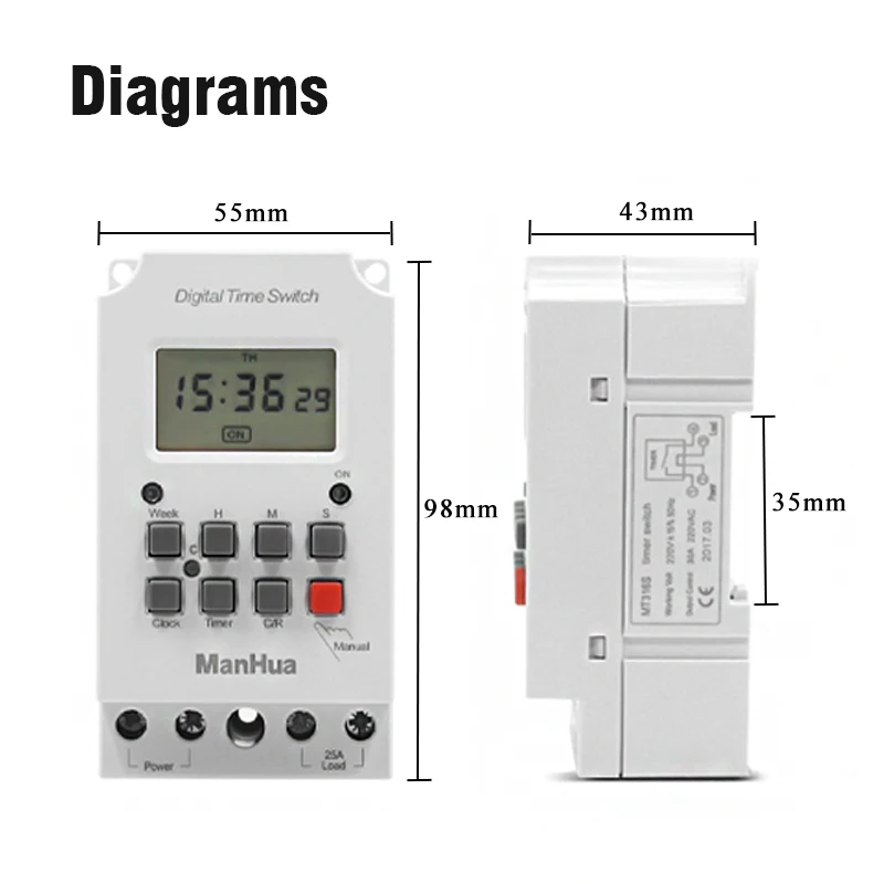 Programmable Digital Timer 200-240VAC 25A School Bell Agricultural Garden Irrigation Time Switch Controller with Din Rail Mount