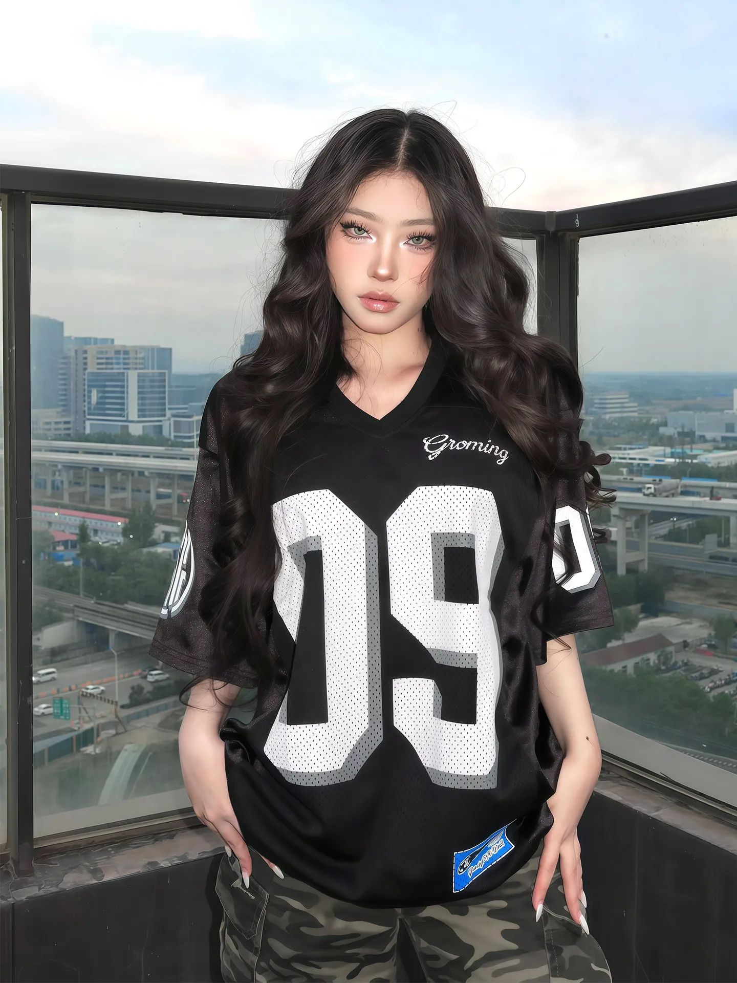 Loose Fit American Streetwear Rugby Shirt T-Shirt Short Sleeve V-Neck Mesh Design Summer Sporty Style Unisex Casual Tee