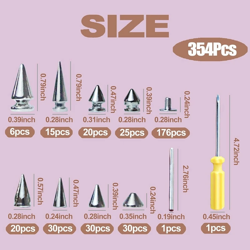 طقم مسامير وأزرار فاسق مكون من 354 قطعة، 8 مسامير مخروطية مقاسات، مسامير شجرة معدنية للملابس الجلدية ونمط الشرير