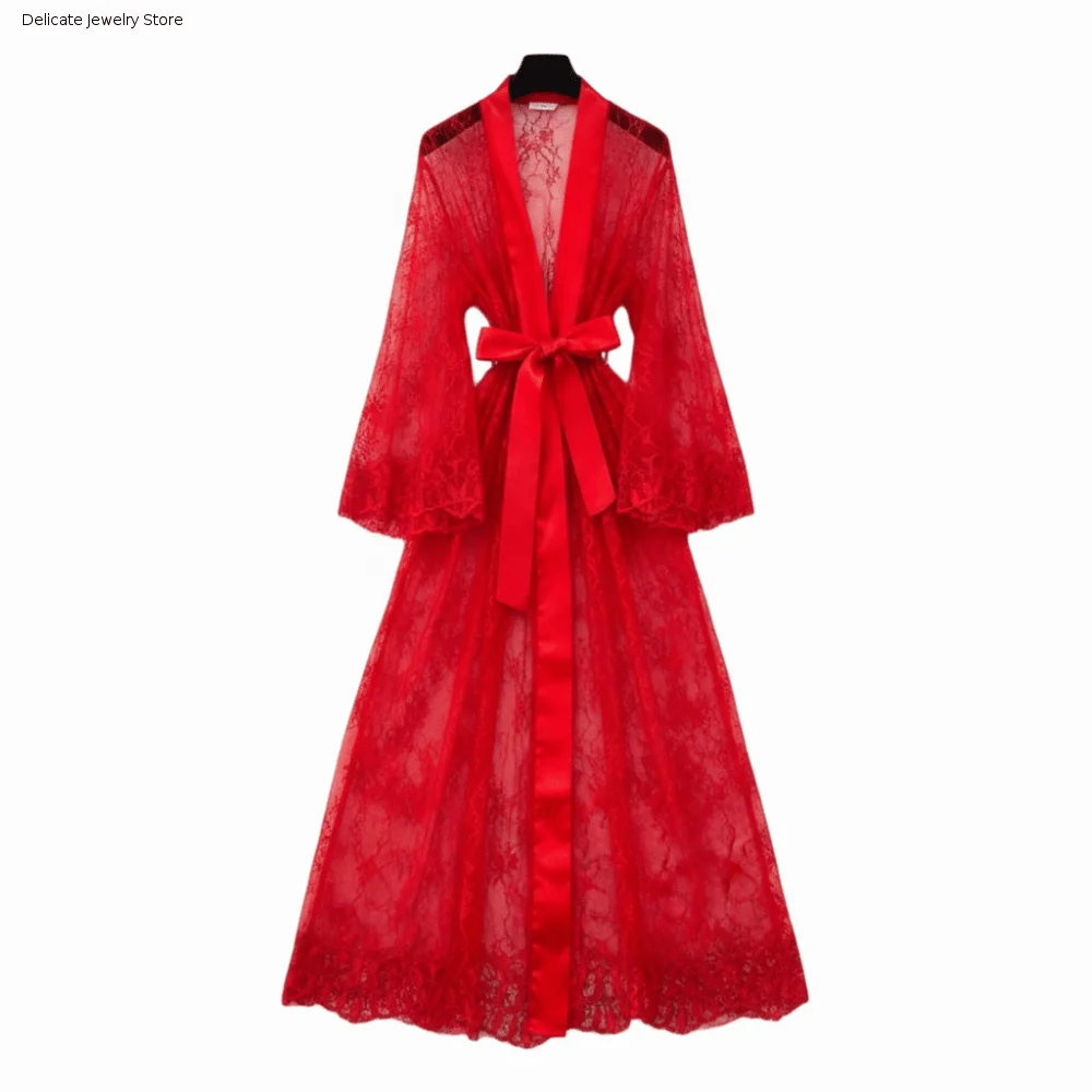 Elegant Long Sleeve Long Lace Robes Ultra-thin Hollow Out Lady Pajamas Nightdress Transparent Sheer Robes Dress Bedroom Wear