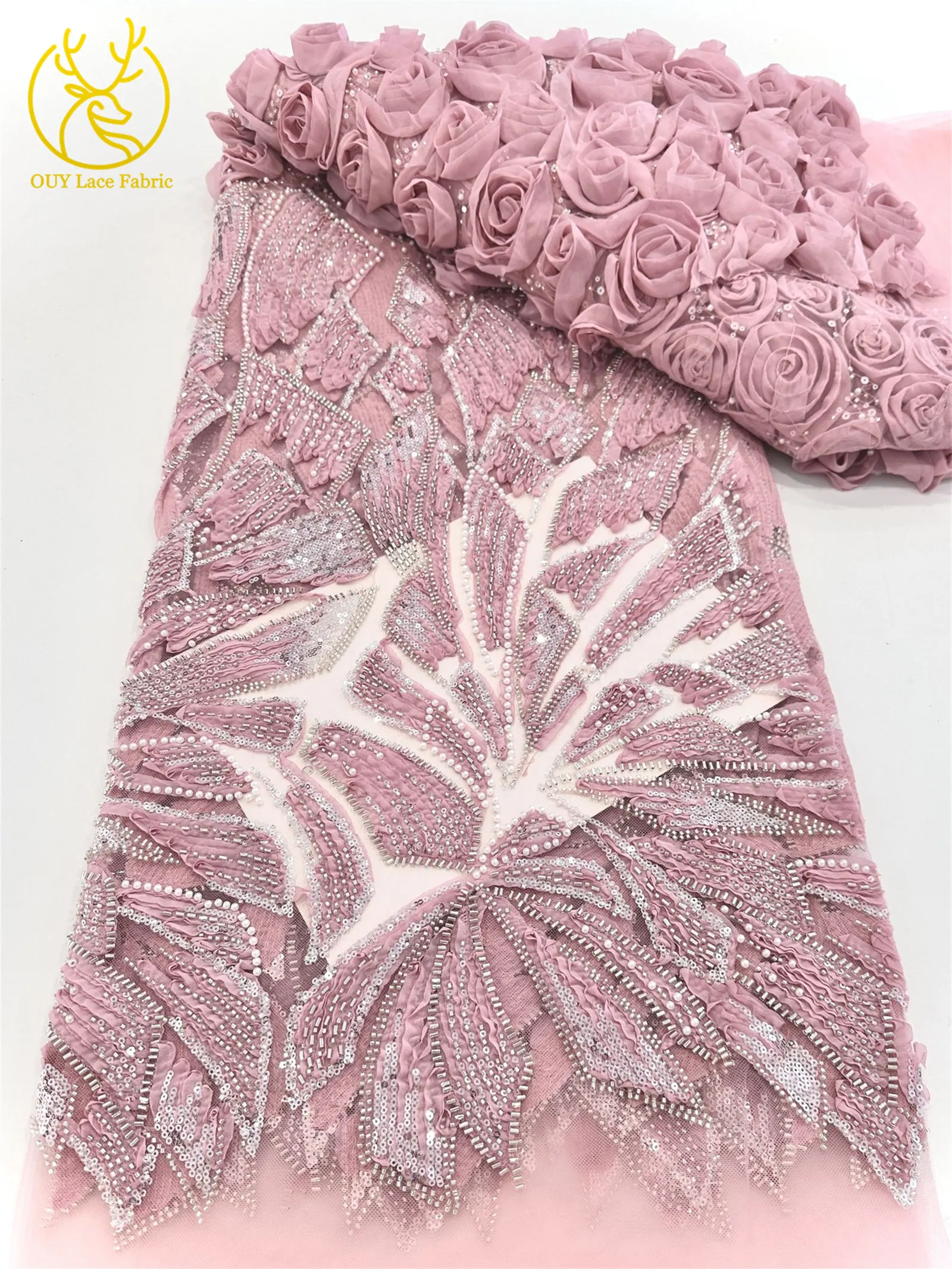 Rosa 3D Mode-Mesh-Tüll-Spitzenstoff 2026 Nigerianischer Perlen-Pailletten-Spitzenstoff für Damen Hochzeits- und Abendkleider zum Nähen 5 Yards – Detail 16