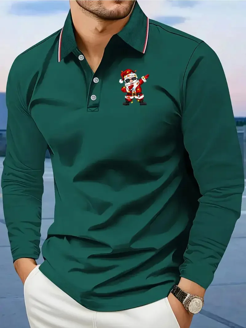 مضحك سانتا كلوز الرسم الرجال قميص بولو بسيط نمط الأعمال طويلة الأكمام البلوز الأزياء الإبداعية مهرجان الملابس للرجال