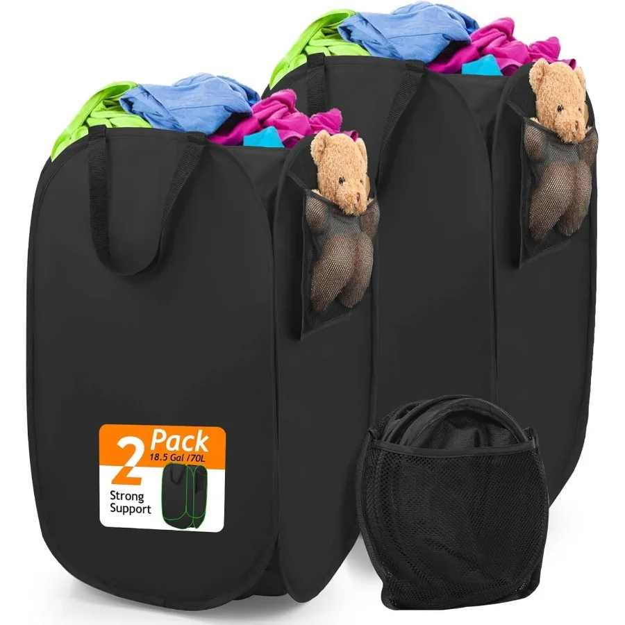 Verbesserter Popup-Wäschekorb aus Polyester, 2er-Pack, 70 l, 18,5 Gal, Wäschekorb mit langlebigen Griffen, fester Boden, Kohlenstoffstahl