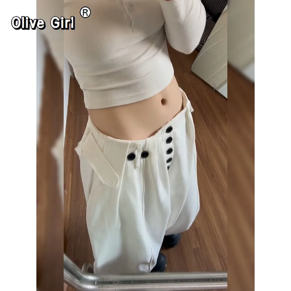 بنطلون Olivegirl الأمريكي من القطن مقاس كبير فضفاض وكسول واسع الساق بنطلون Hotsweet Girl المتخصص متعدد الاستخدامات مطوي على الأرض