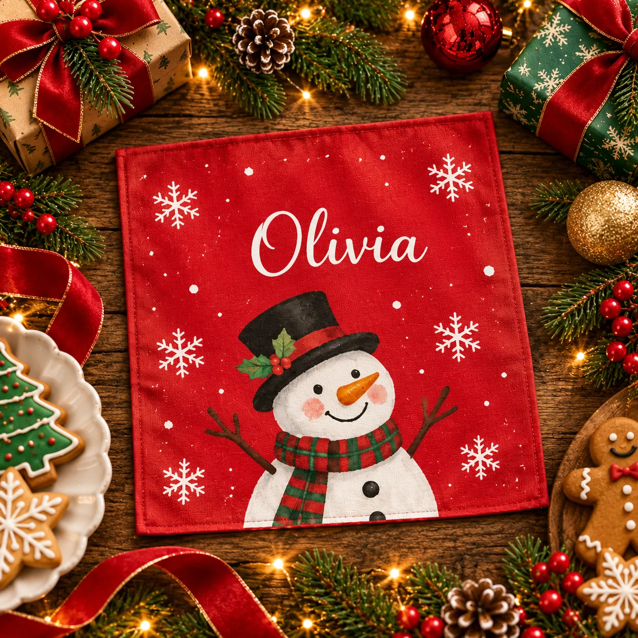 Personalized Snowman Christmas Handkerchief, Custom Name Holiday Printed Hanky with Festive Snowman Elements, Perfect Gift & Dec - view 3